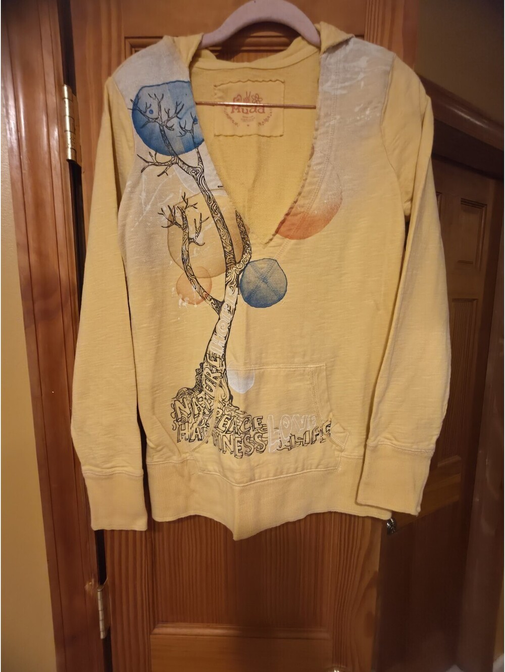 Mudd Yellow Hoodie with Artistic Tree Design, Medium